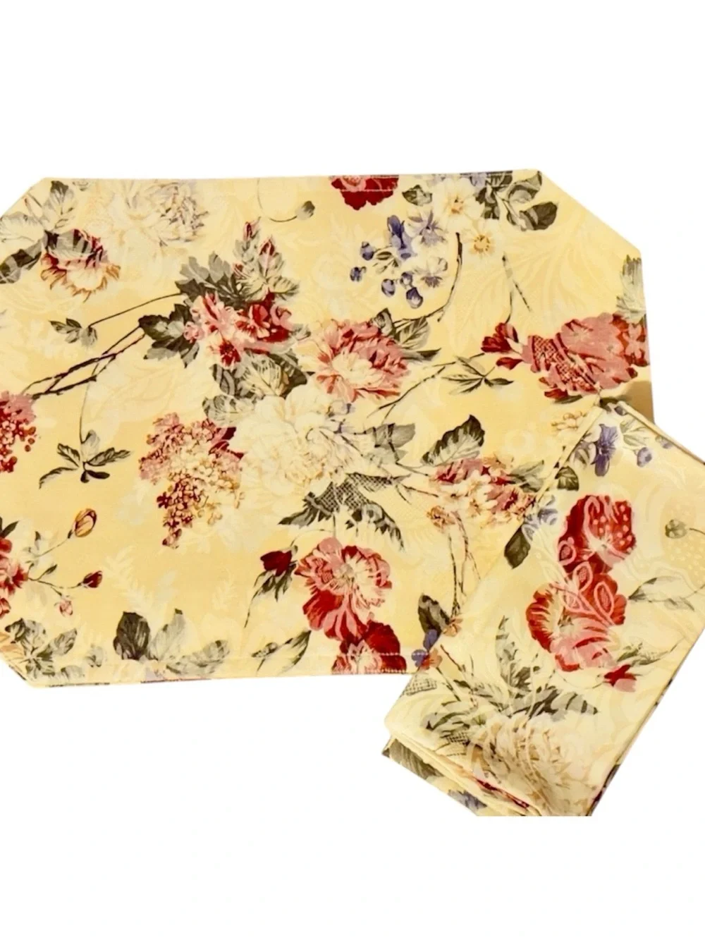 Liz Claiborne Floral Linen Set Placemats Napkins Rambling Rose Cottagecore Vtg